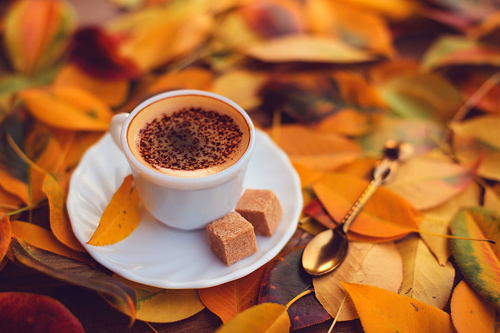 white ceramic cup, autumn, foam, leaves, cubes, coffee, chocolate, yellow, spoon, Cup, sugar, saucer, HD wallpaper