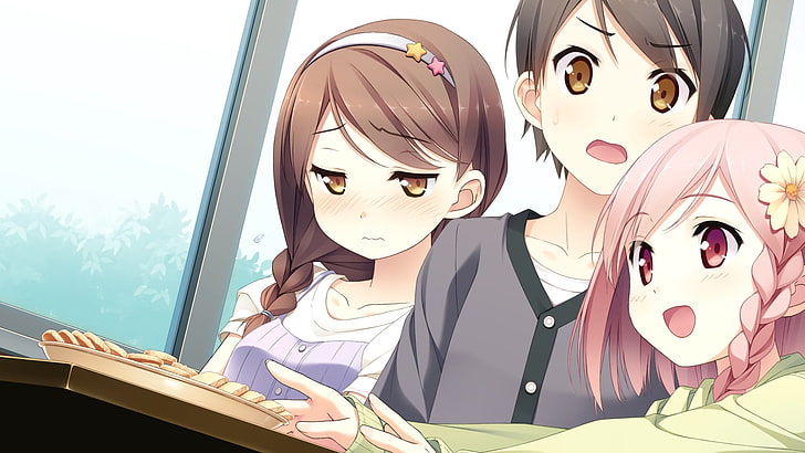 two pink and brown haired female anime characters, kantoku, your diary, yua, hirosaki kanade, boy, girl, eating, HD wallpaper