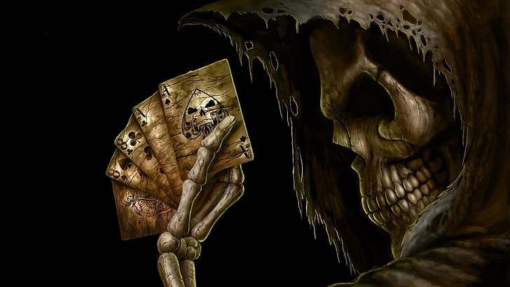 Sensenmann hält Spielkarten Wallpaper, Ass, Karten, gruselig, dunkel, Spiele, grimmig, Horror, Poker, Sensenmann, Skelette, Schädel, Pik, HD-Hintergrundbild