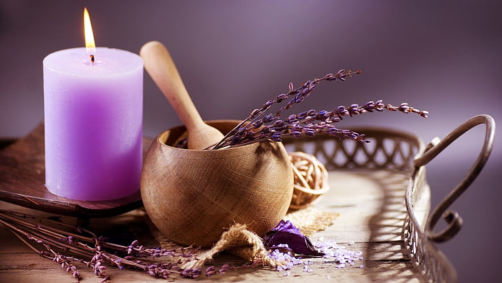 purple pillar candle, mortar, candle, aromatherapy, HD wallpaper