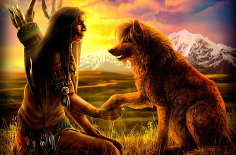 digitale Tapete des amerikanischen Ureinwohners und des braunen wilden Tieres, künstlerisch, amerikanischer Ureinwohner, HD-Hintergrundbild HD wallpaper