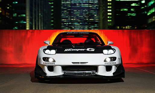 weißer sportwagen, auto, nacht, tuning, mazda, rx7, rx-7, HD-Hintergrundbild HD wallpaper