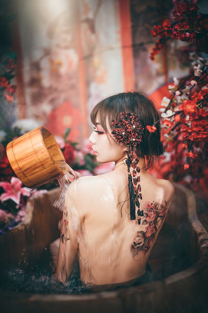 Back Water Asian Women Model Dark Hair Tattoo Bathtub Hd
