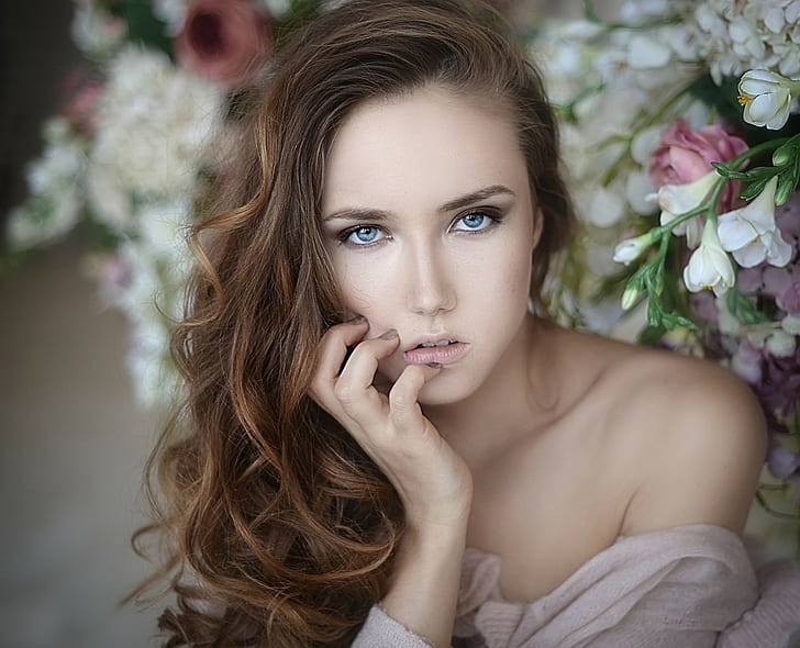 women, model, portrait, face, blue eyes, bare shoulders, HD wallpaper
