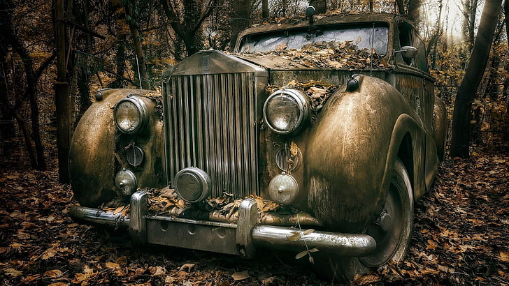 old car, car, abandoned, vintage car, vehicle, classic car, rolls royce, rust, metal, tree, autumn, forest, HD wallpaper