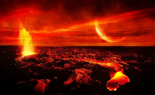 Heiße Lava, orange Wolken, künstlerisch, Fantasie, Vulkan, Lava, heiße Lava, roter Himmel, HD-Hintergrundbild HD wallpaper