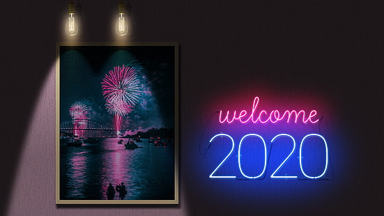 neon, kembang api, 2020, Tahun Baru, Wallpaper HD HD wallpaper