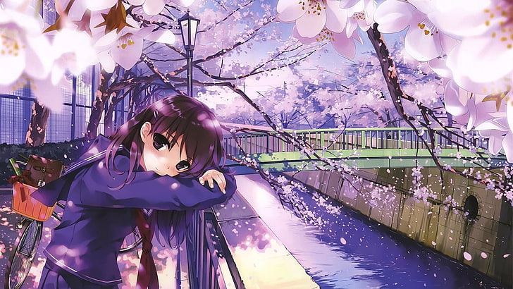 anime, anime girls, bicycle, cherry blossom, school uniform, river, bridge, HD wallpaper