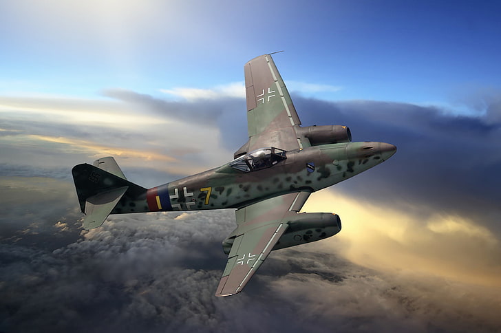 jet da combattimento grigio e marrone, cielo, guerra, figura, combattente, arte, jet, tedesco, WW2, Messerschmitt Me.262, Sfondo HD