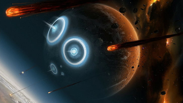 digital art universe space planet stars meteors burning explosion fire, HD wallpaper