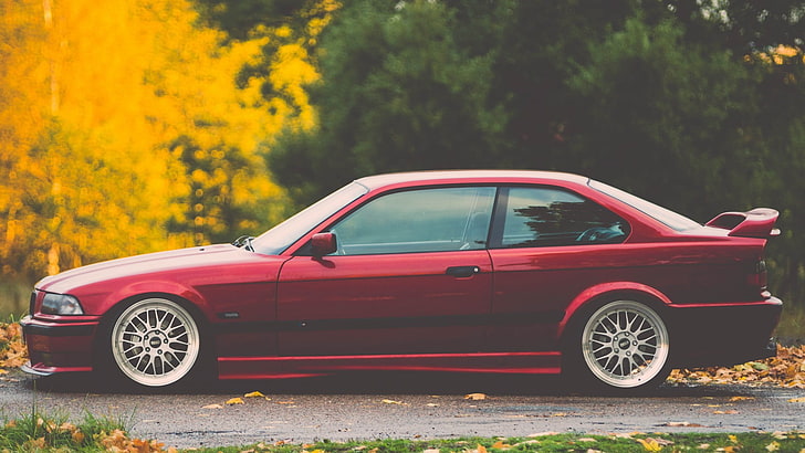 czerwone coupe ze spojlerem, BMW, samochód, BMW E36, Tapety HD