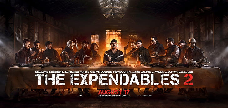 The Expendables, The Expendables 2, Arnold Schwarzenegger, Barney Ross, Billy (The Expendables), Booker (The Expendables), Bruce Willis, Chuck Norris, Church (The Expendables), Dolph Lundgren, Gunnar Jensen, Hale Caesar, Jason Statham, Jean-claude Van Damme, Jet Li, Lee Christmas, Liam Hemsworth, Maggie (The Expendables), Nan Yu, Randy Couture, Sylvester Stallone, Terry Crews, Toll Road, Trench (The Expendables), Vilain (The Expendables), Yin Yang (The Expendables), HD wallpaper