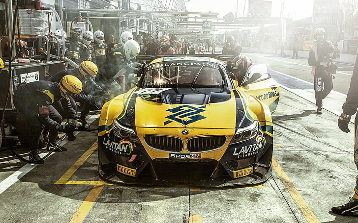 żółto-czarny pojazd, wyścigi, Team Brazil, sport, BMW, samochód, Pit stop, samochody wyścigowe, Tapety HD