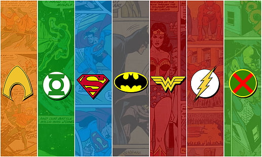 Ilustración de DC Justice League, Comics, Justice League, Aquaman, Batman, Bruce Wayne, DC Comics, Flash, Green Lantern, Logo, Martian Manhunter, Superman, Wonder Woman, Fondo de pantalla HD HD wallpaper