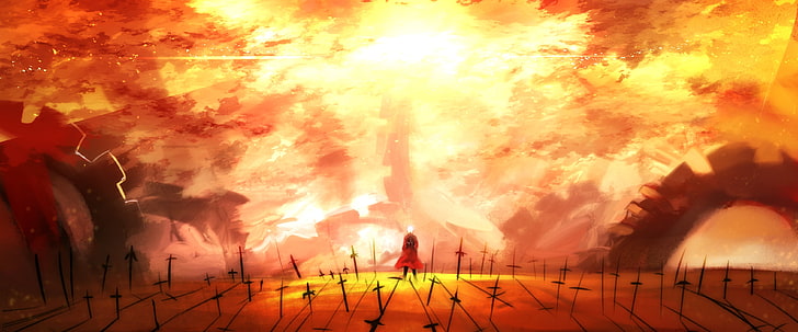 fate stay night, archer, swords, scenic, artwork, shadow, back view, Anime, HD wallpaper