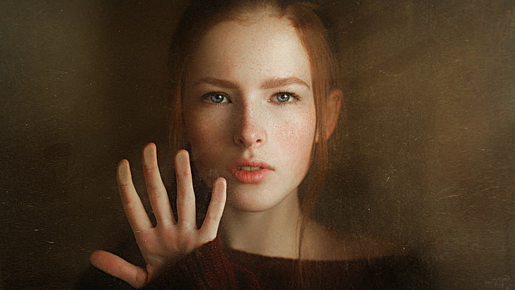 blue eyes, face, Georgiy Chernyadyev, hand, redhead, Sweater, women, HD wallpaper