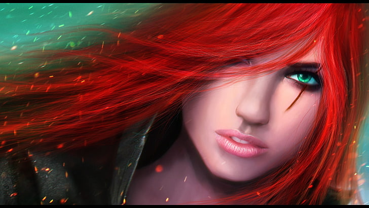 red haired woman game character illustration, women, fantasy art, green eyes, render, League of Legends, Katarina, redhead, hair in face, HD wallpaper