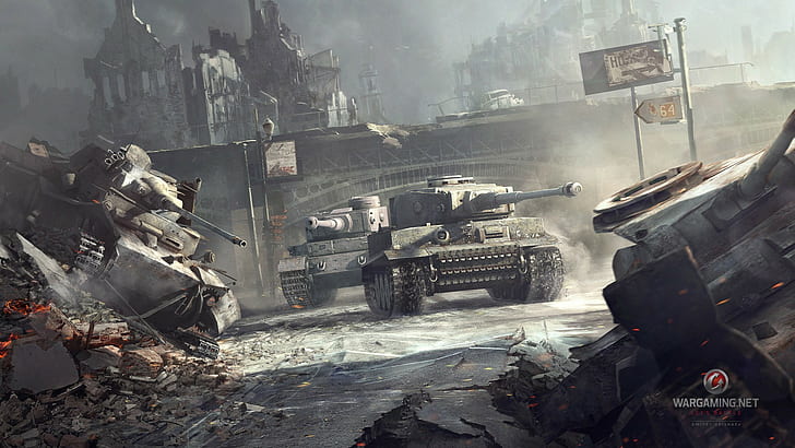 the city, war, smoke, Tiger, tanks, World of tanks, WoT, heavy tanks, Tiger(P), German, HD wallpaper
