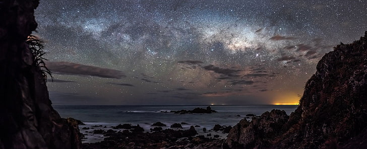 Gewässer, Sterne, Nacht, Landschaft, Sternennacht, Meer, Fels, Wolken, Langzeitbelichtung, Galaxie, HD-Hintergrundbild