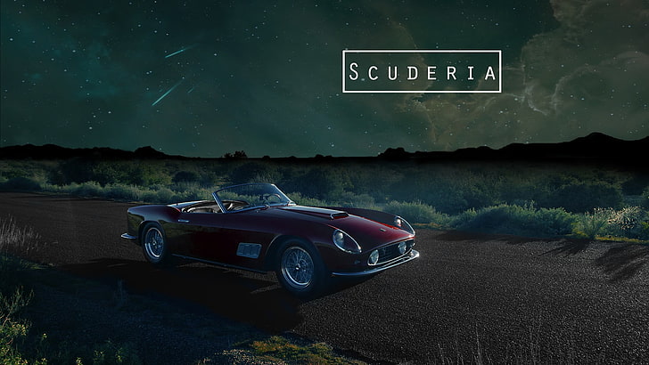 red convertible coupe near green grass field, Ferrari, night, sky, car, Scuderia Ferrari, vehicle, HD wallpaper