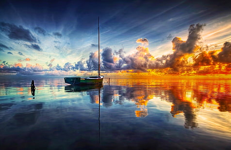 biała łódź na morzu Tapeta 3D, morze, chmury, łódź, odbicie, woda, natura, krajobraz, Tapety HD HD wallpaper