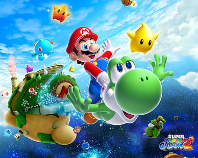 Super Mario Galaxy 2 wallpaper, super mario galaxy 2, mario, dinosaur, yoshi, stars, HD wallpaper HD wallpaper