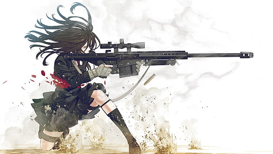 черноволосая женщина аниме персонаж держит черные штурмовые винтовки обои, аниме, пистолет, оружие, аниме девушки, белый фон, снайперская винтовка, Козаки Юусуке, оригинальные персонажи, кровь, черные волосы, простой фон, девушки с оружием, HD обои HD wallpaper