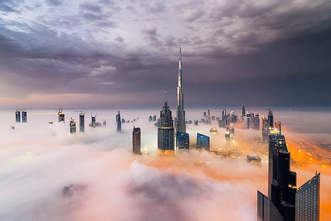 Облака, Дубай, Дым, Бурдж Халифа, Небоскреб, Туман, HD обои HD wallpaper