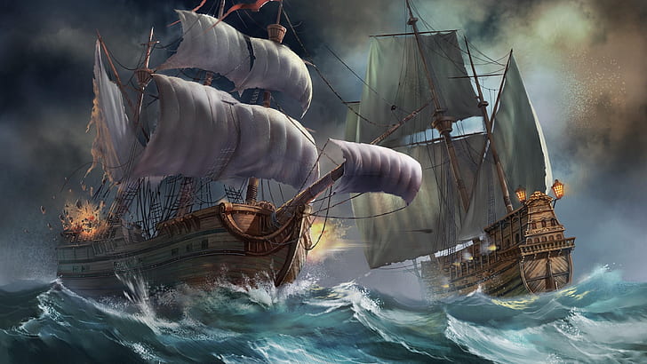 帆船、海の戦い、マニラガレオン船、カラヴェル、ファンタジーアート、ガレオン船、戦い、アートワーク、船、キャラック、東インド人、ゴースト船、嵐、波、 HDデスクトップの壁紙