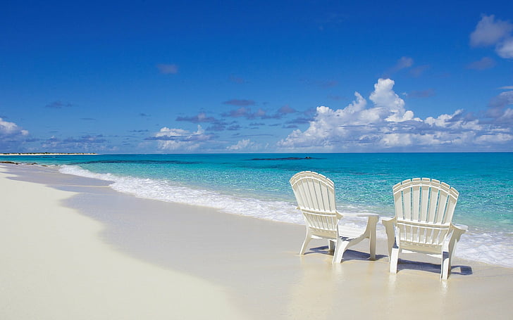 การถ่ายภาพชายหาดเก้าอี้ขอบฟ้ามหาสมุทรเขตร้อนเทอร์ควอยซ์, วอลล์เปเปอร์ HD