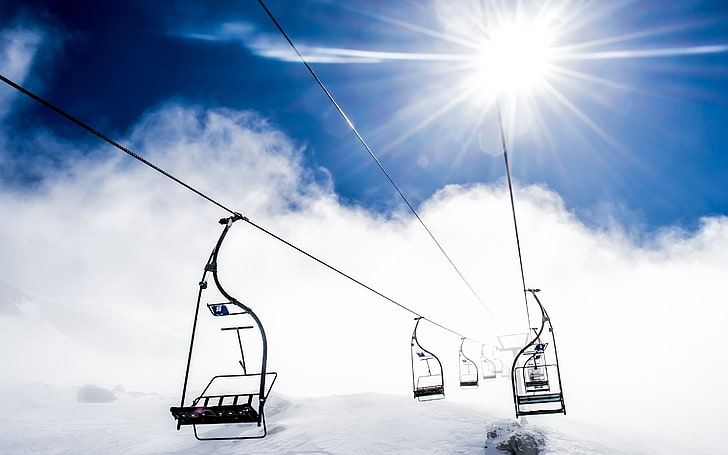 black cable car, lift, sky, snow, mountains, HD wallpaper