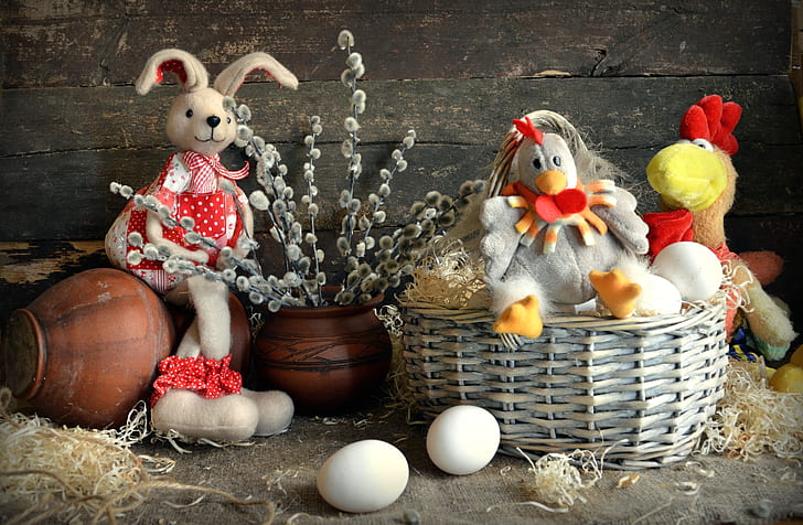 toys, egg, chicken, rabbit, Easter, basket, Verba, HD wallpaper