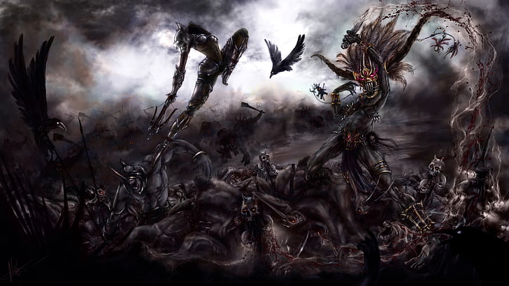 two monsters fighting digital wallpaper, art, crows, battle, demons, hunter, the sorcerer, diablo 3, HD wallpaper