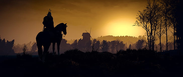 Sonnenuntergang, Mühle, The Witcher, Geralt, The Witcher 3: Wilde Jagd, Plötze, HD-Hintergrundbild