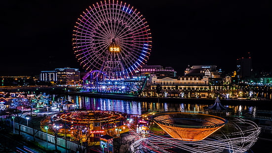 тематичен парк, космо часовник, космо часовник 21, свят на космоса в Йокохама, нощ, светлини, туристическа атракция, забележителност, карнавал, разходки, развлечения, йокогама, увеселителен парк, виенско колело, фотография с продължителна експозиция, градски светлини, Азия, Япония, космо света, HD тапет HD wallpaper