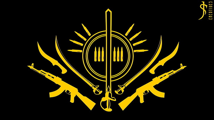 желтый логотип, оружие, произведение искусства, HD обои