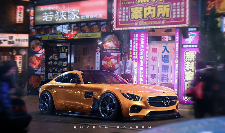 grafika, Khyzyl Saleem, render, Mercedes-AMG, Tokio, Mercedes Benz AMG GT, samochód, Japonia, Tapety HD