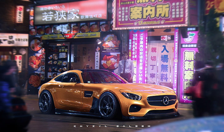 Amarillo Mercedes-Benz Coupe, Khyzyl Saleem, coche, Mercedes Benz AMG GT, Mercedes-AMG, render, ilustraciones, Tokio, Japón, Fondo de pantalla HD