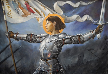 Joanna d'Arc malarstwo, dziewczyna, miecz, zbroja, sztandar, Joanna d'Arc, Tapety HD HD wallpaper
