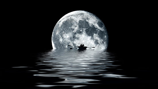 monochrome photography, sky, darkness, artistic, monochrome, reflection, moonlight, photography, water, moon, nature, supermoon, black, black and white, boat, full moon, night, HD wallpaper HD wallpaper