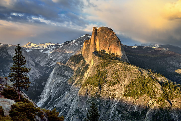 photography of gray mountain, yosemite national park, yosemite national park, Warm, Glow, Setting Sun, Yosemite National Park, photography, gray mountain, Nikon D800E, Day 4, Trip, Paso Robles, NE, Glacier Point, Capture, NX2, Edited, Color, Pro, Sunset, Time, Light, Trees, Hillside, Blue Skies, Clouds, Outside, Mountains, Distance, Evergreens, Nature, Landscape, Pacific Ranges, Sierra Nevada, Central, Yosemite Valley, Half Dome, Grizzly Peak, Tenaya Canyon, Clouds Rest, Mount Watkins, Sunlight, Shining on, Snow, Far, Mountain Peaks, Portfolio, California, United States, mountain, scenics, outdoors, rock - Object, mountain Peak, HD wallpaper