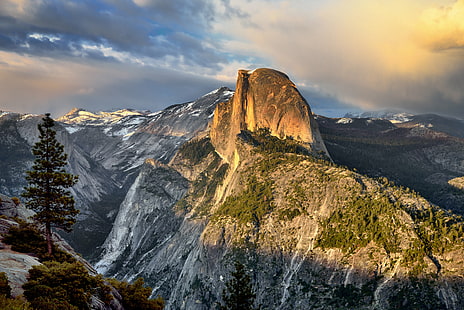 photography of gray mountain, yosemite national park, yosemite national park, Warm, Glow, Setting Sun, Yosemite National Park, photography, gray mountain, Nikon D800E, Day 4, Trip, Paso Robles, NE, Glacier Point, Capture, NX2, Edited, Color, Pro, Sunset, Time, Light, Trees, Hillside, Blue Skies, Clouds, Outside, Mountains, Distance, Evergreens, Nature, Landscape, Pacific Ranges, Sierra Nevada, Central, Yosemite Valley, Half Dome, Grizzly Peak, Tenaya Canyon, Clouds Rest, Mount Watkins, Sunlight, Shining on, Snow, Far, Mountain Peaks, Portfolio, California, United States, mountain, scenics, outdoors, rock - Object, mountain Peak, HD wallpaper HD wallpaper