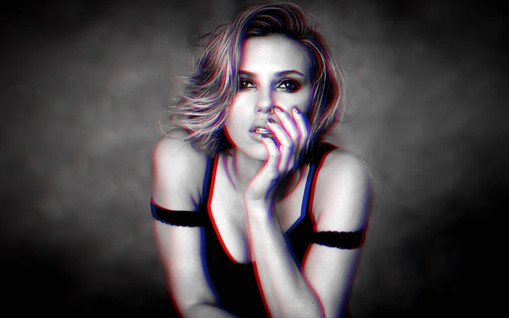 kvinna som bär svart topp poserar, 3D, anaglyf 3D, Scarlett Johansson, HD tapet