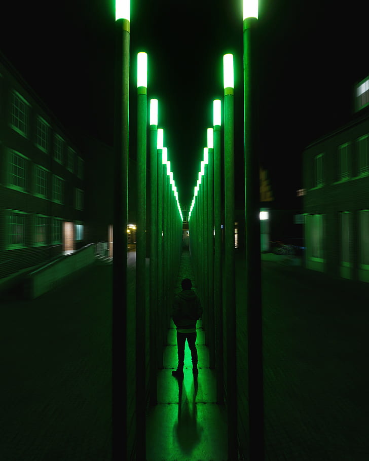 silhouette, neon, backlight, illusion, green, HD wallpaper
