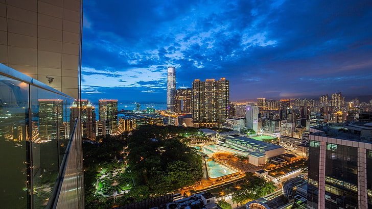 Hong Kong, noche, rascacielos, luces, cielo, China, Fondo de pantalla HD