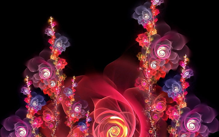 multicolored floral wallpaper, flowers, fractal, bright, red, HD wallpaper