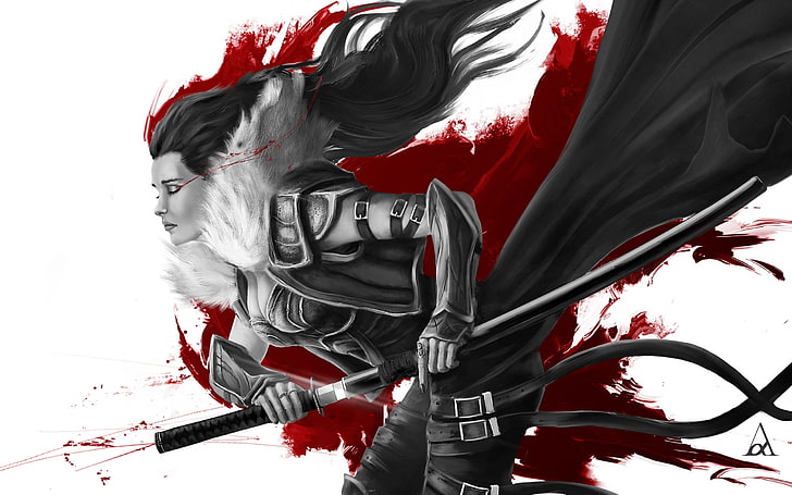 donna con spada digitale carta da parati, ragazza, morte, sangue, spada, katana, guerriera, samurai, art, Sfondo HD