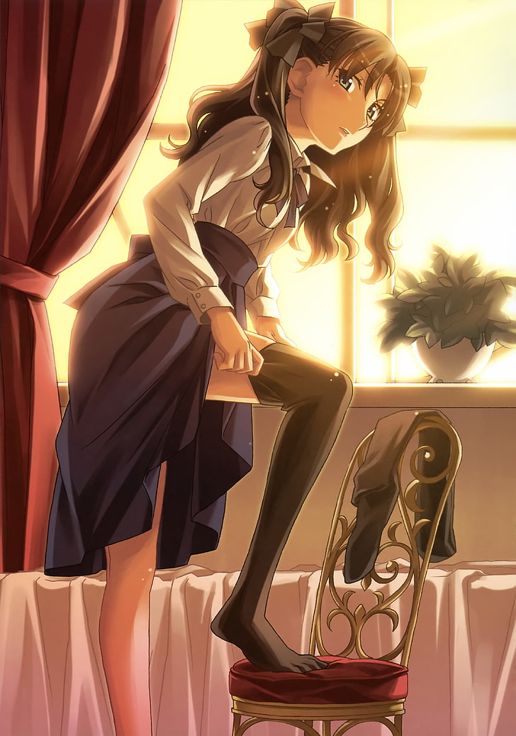 illustration de personnage d'anime femelle aux cheveux noirs, série Fate, hauts de cuisse, Tohsaka Rin, filles anime, anime, bas, Fond d'écran HD, fond d'écran de téléphone