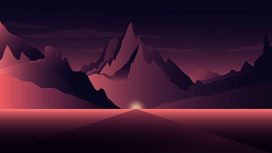 purple and black road and mountains minimalist image, Mountains, Sunset, Dark, Dawn, 4K, HD wallpaper HD wallpaper