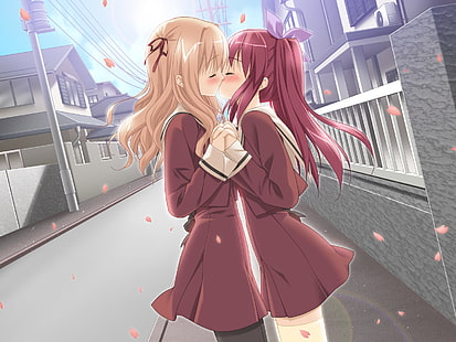 yuri, schoolgirl, school uniform, kissing, hair ornament, blonde, holding hands, blushing, HD wallpaper HD wallpaper